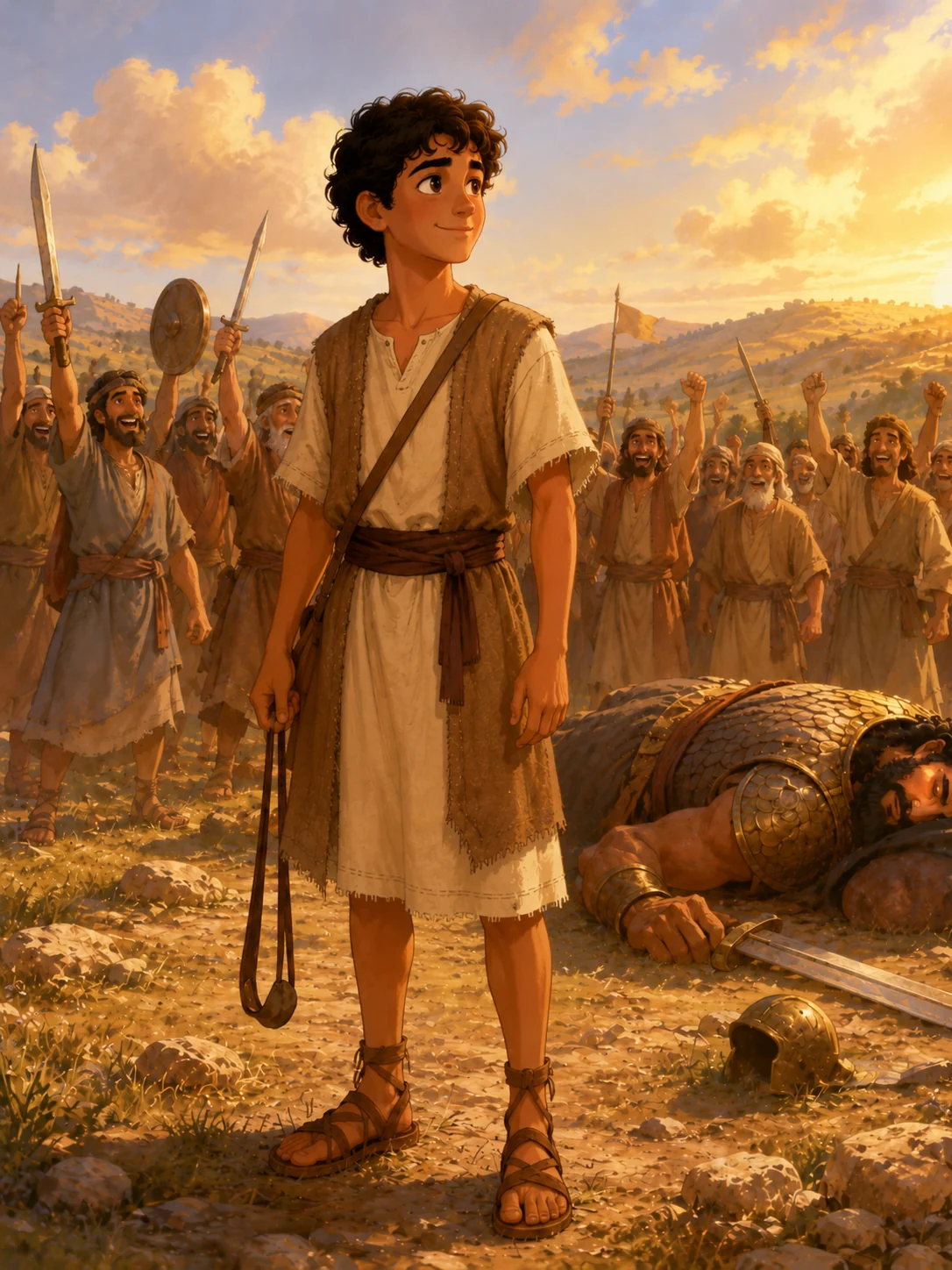 David standing after God helped him defeat Goliath while the people celebrate behind him.