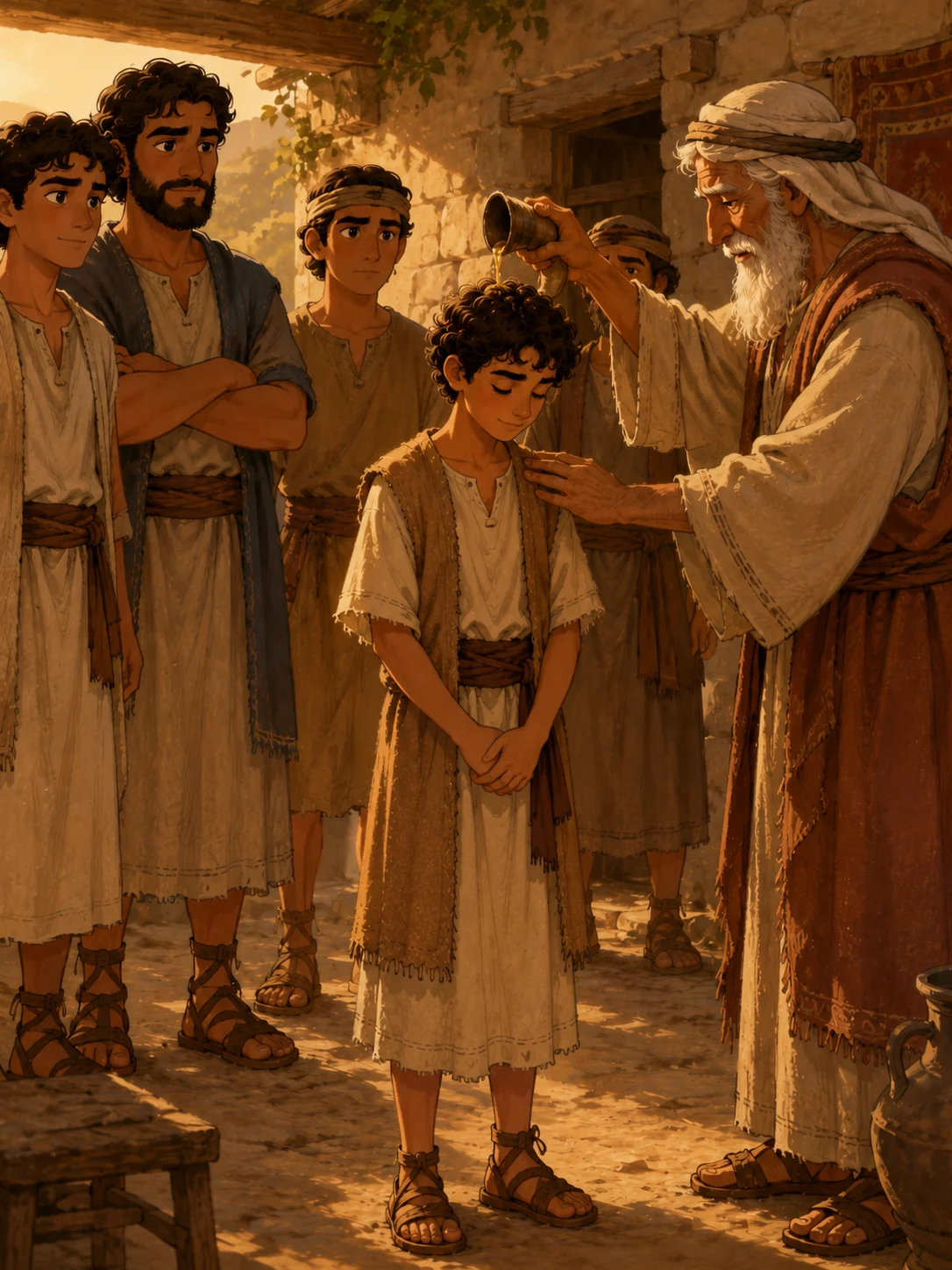 Samuel anointing teen David while his family watches.