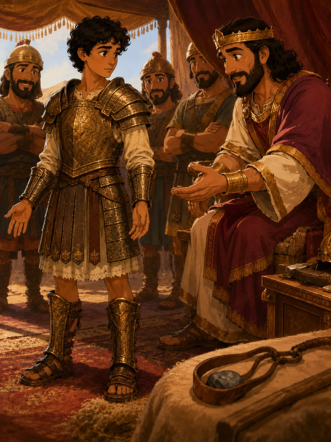 Teen David wearing Saul’s armor while the king speaks to him.