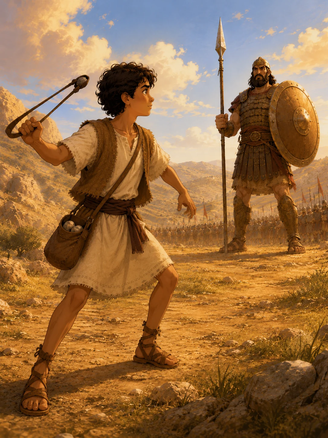 Teen David preparing to use his sling against Goliath.