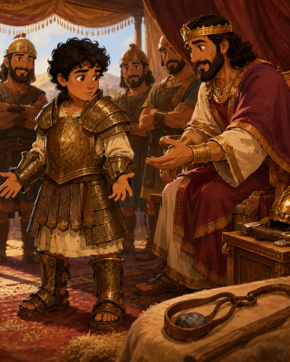 David holding his sling while facing Goliath across the field.