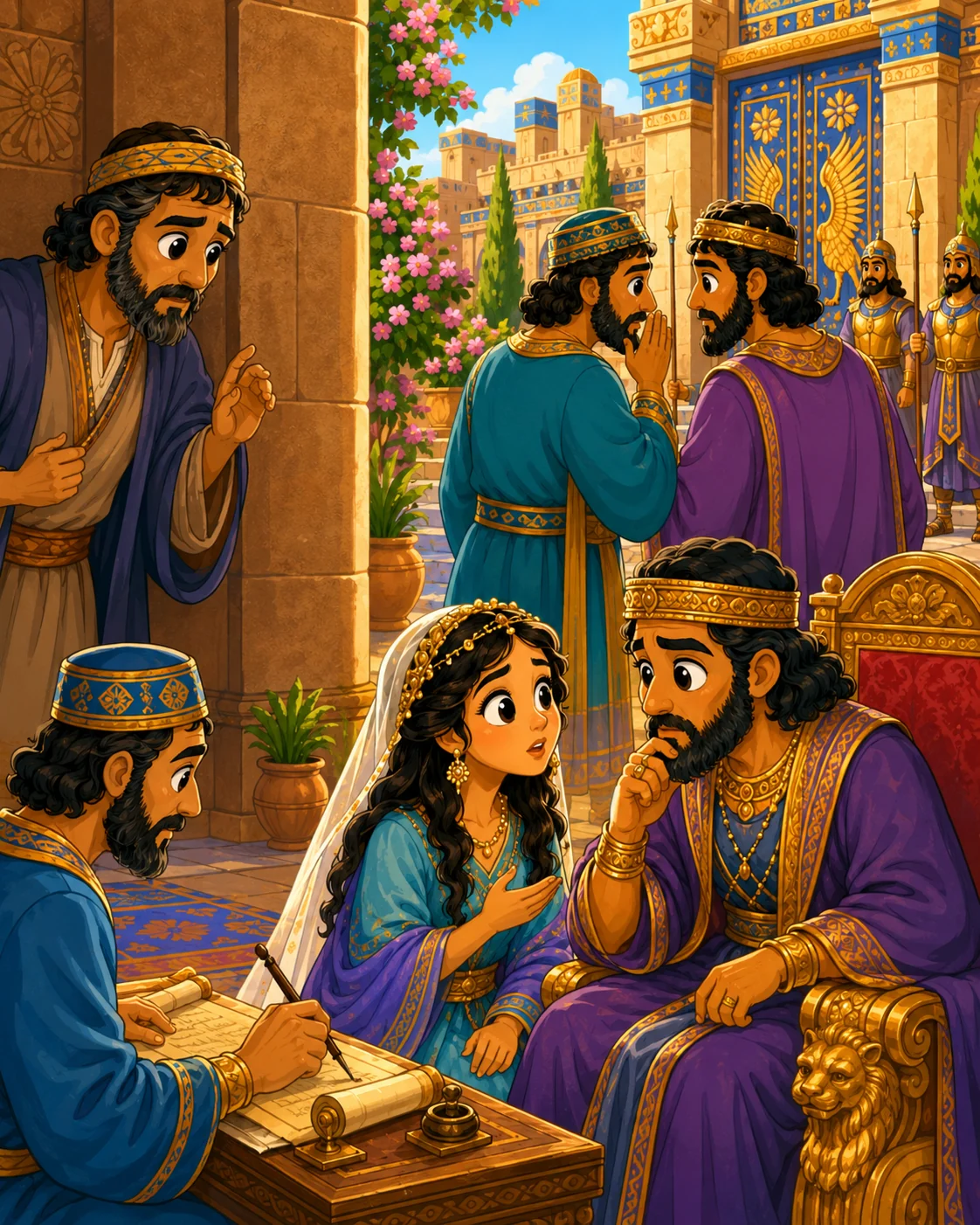 Mordecai learning about a dangerous plan while Esther speaks with the king.
