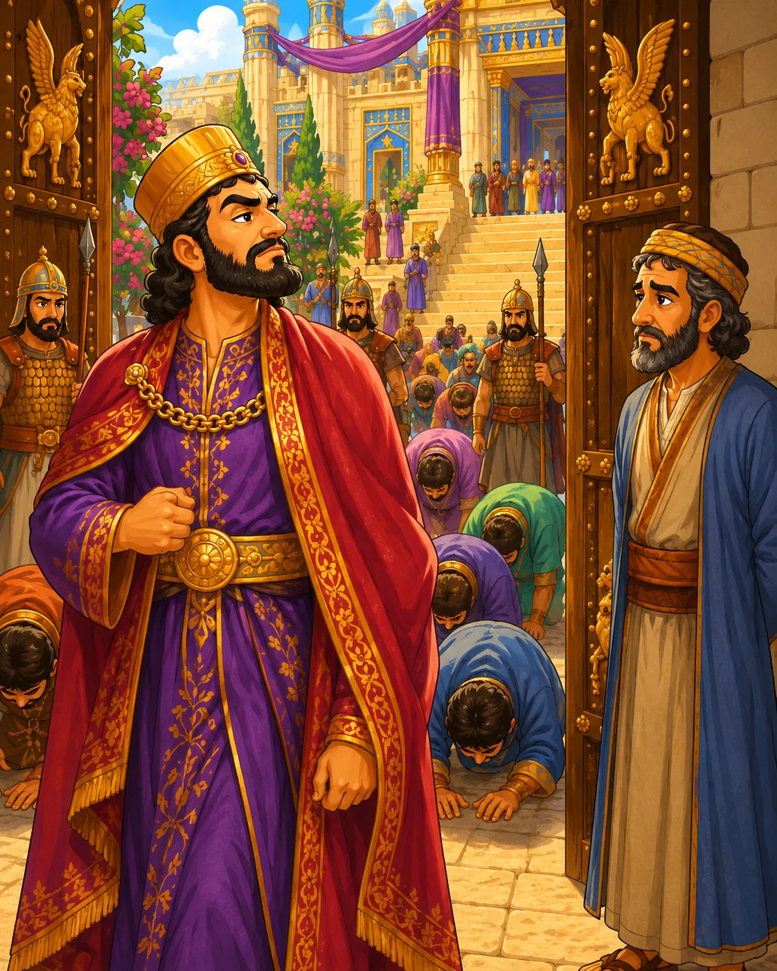 Haman standing proudly while others bow near the palace gate.