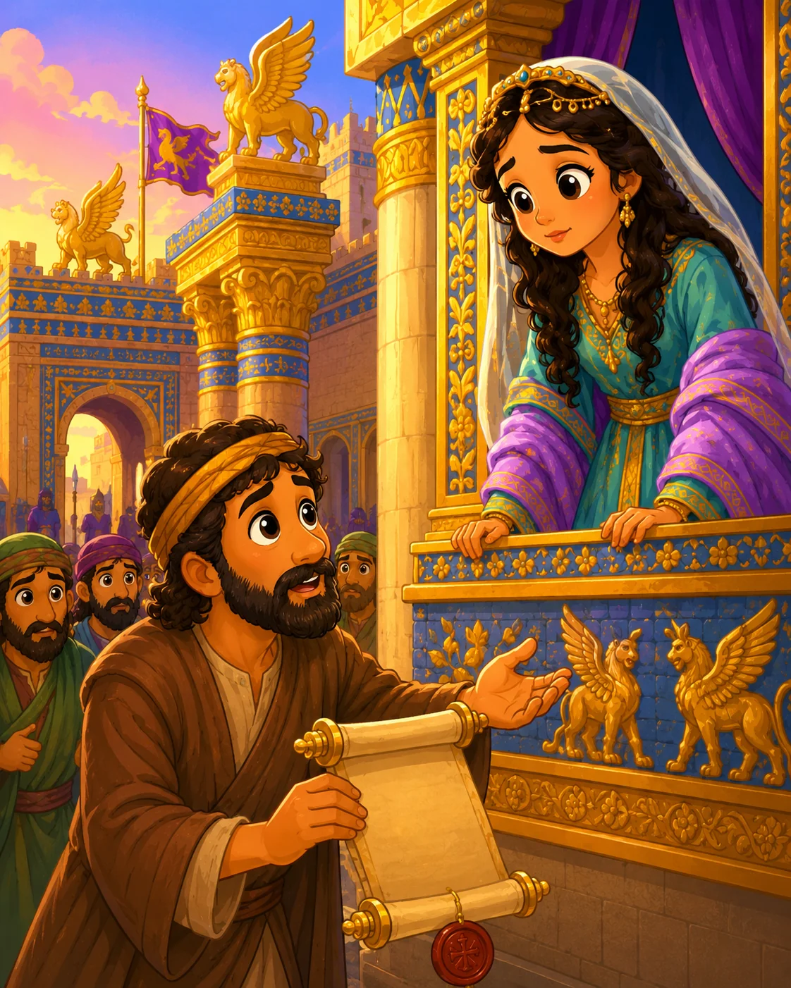 Mordecai asking Esther to speak to the king and help her people.