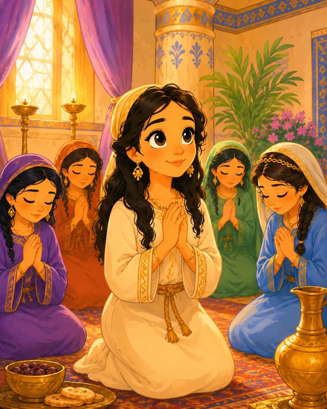 Esther praying with other young women before making a brave decision.