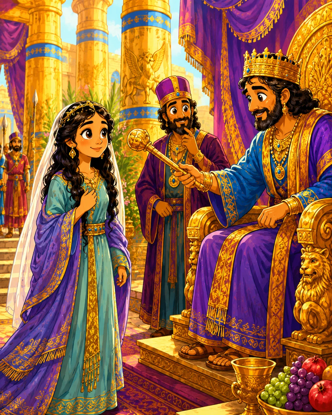 Esther standing before King Xerxes as he reaches out his scepter to welcome her.