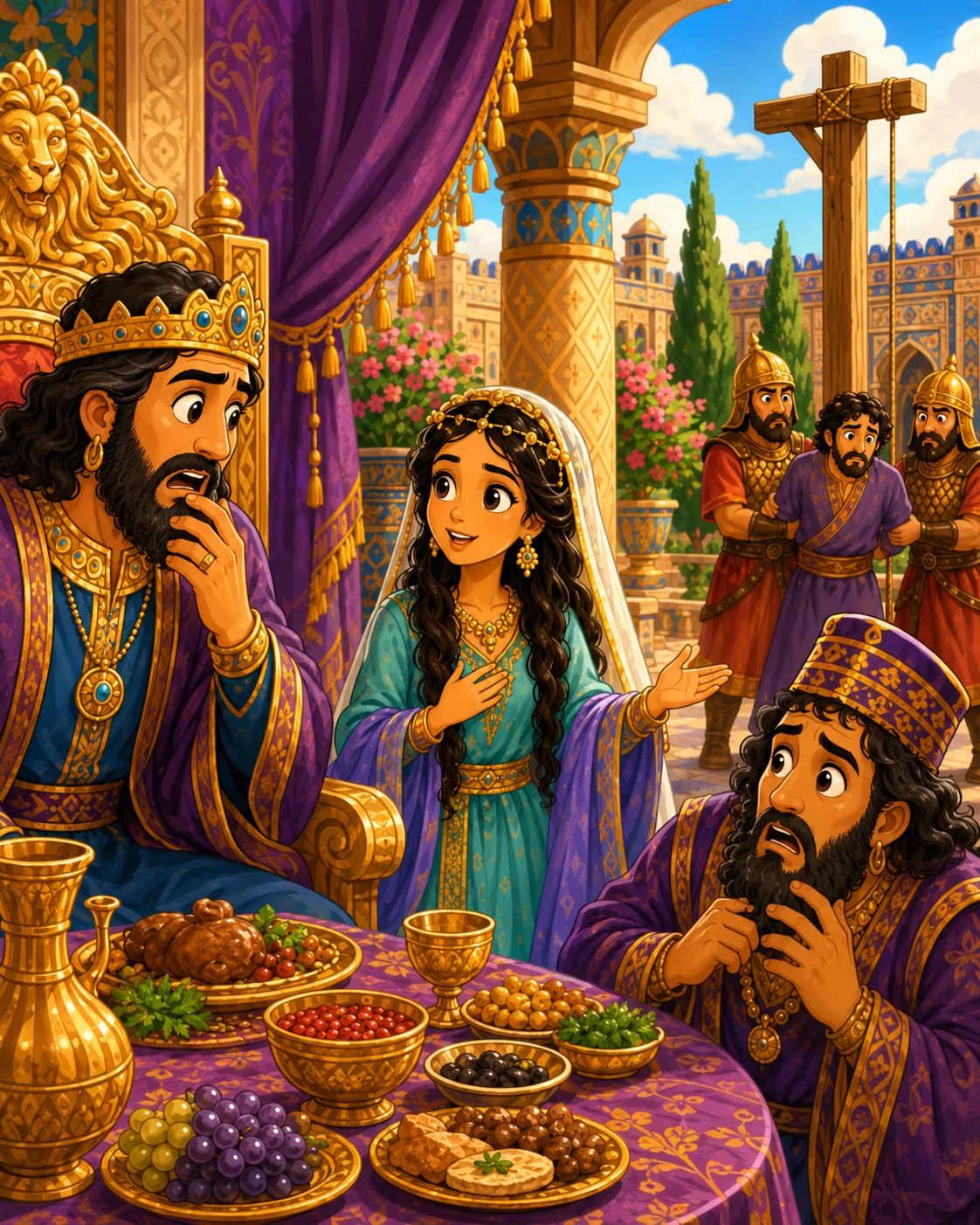 Esther speaking bravely at the banquet while Haman’s evil plan is exposed.