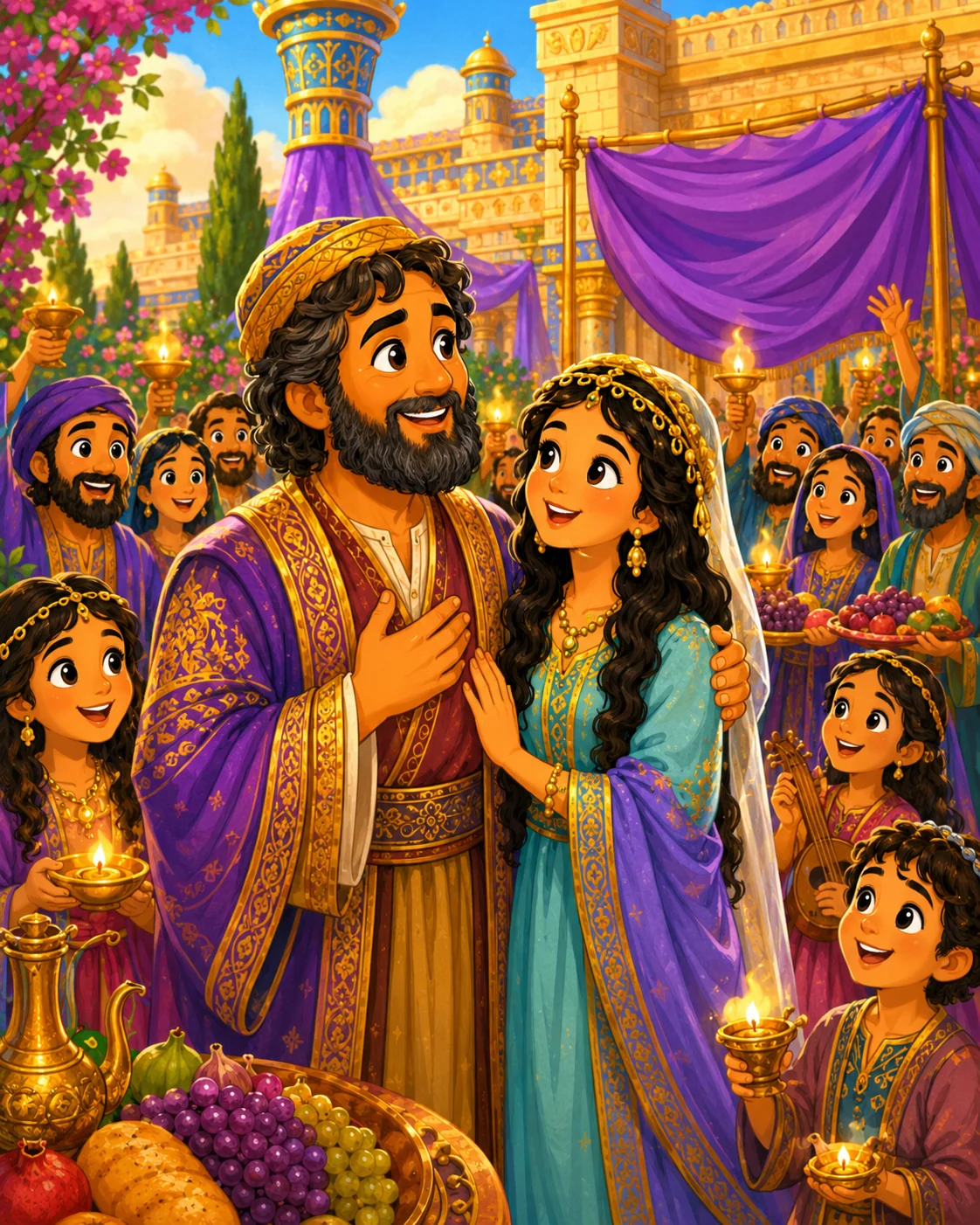 Esther and Mordecai celebrating after God protected the Jewish people.