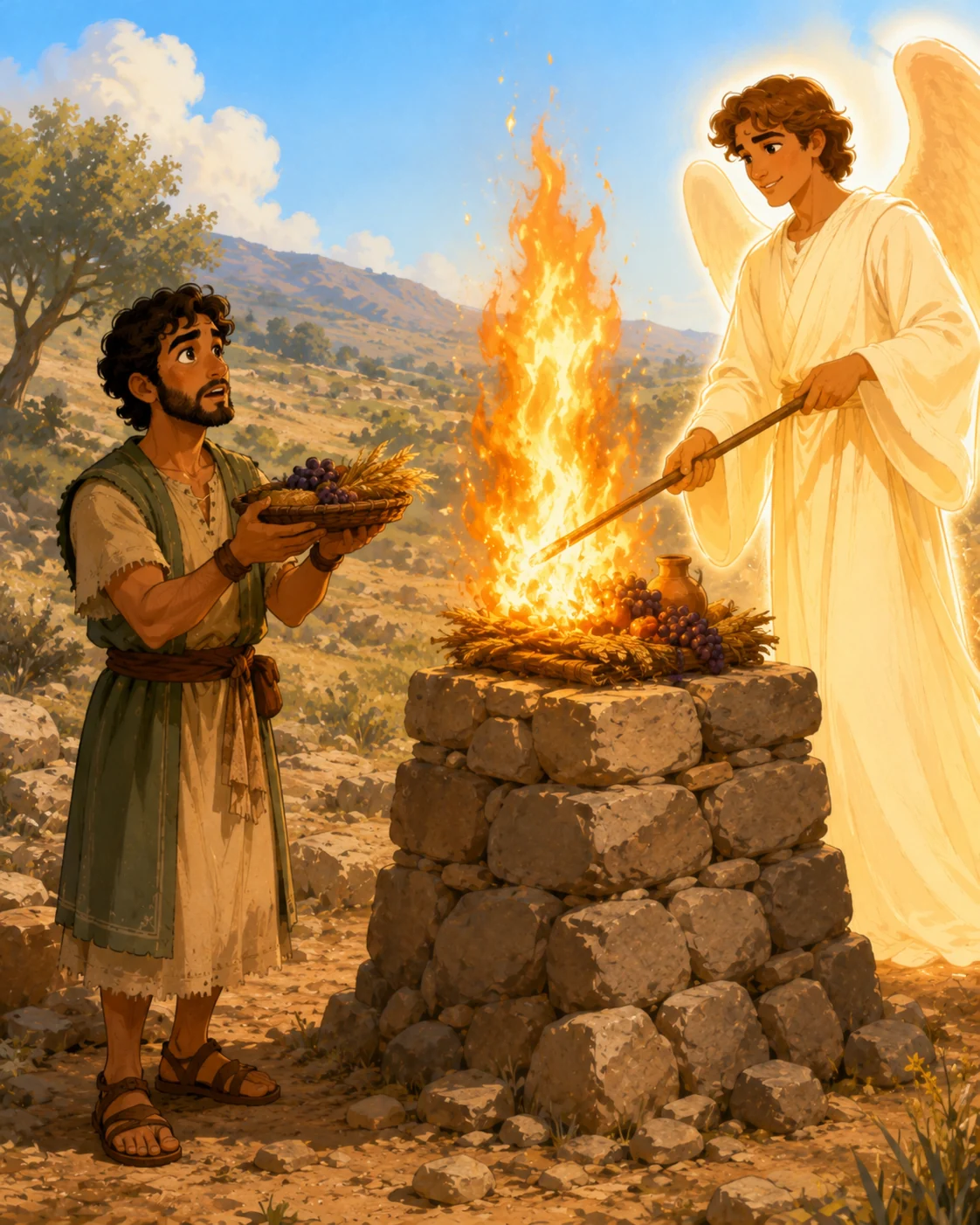 The angel of the Lord touching Gideon’s offering with a staff as fire burns on the altar.