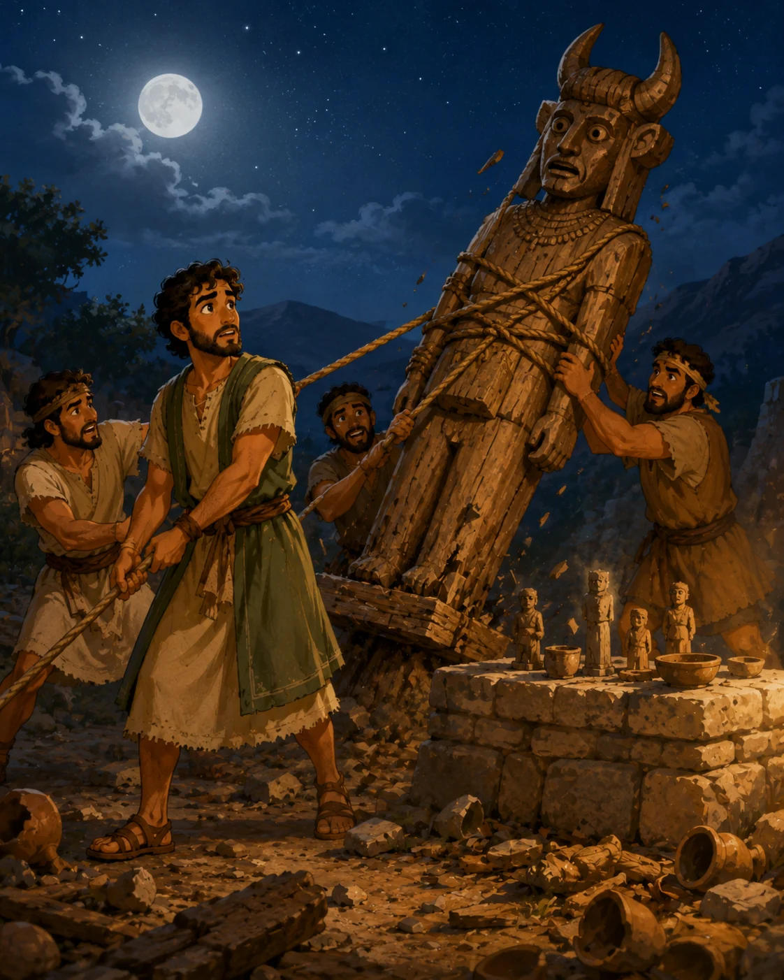 Gideon and other men pulling down an idol at night.
