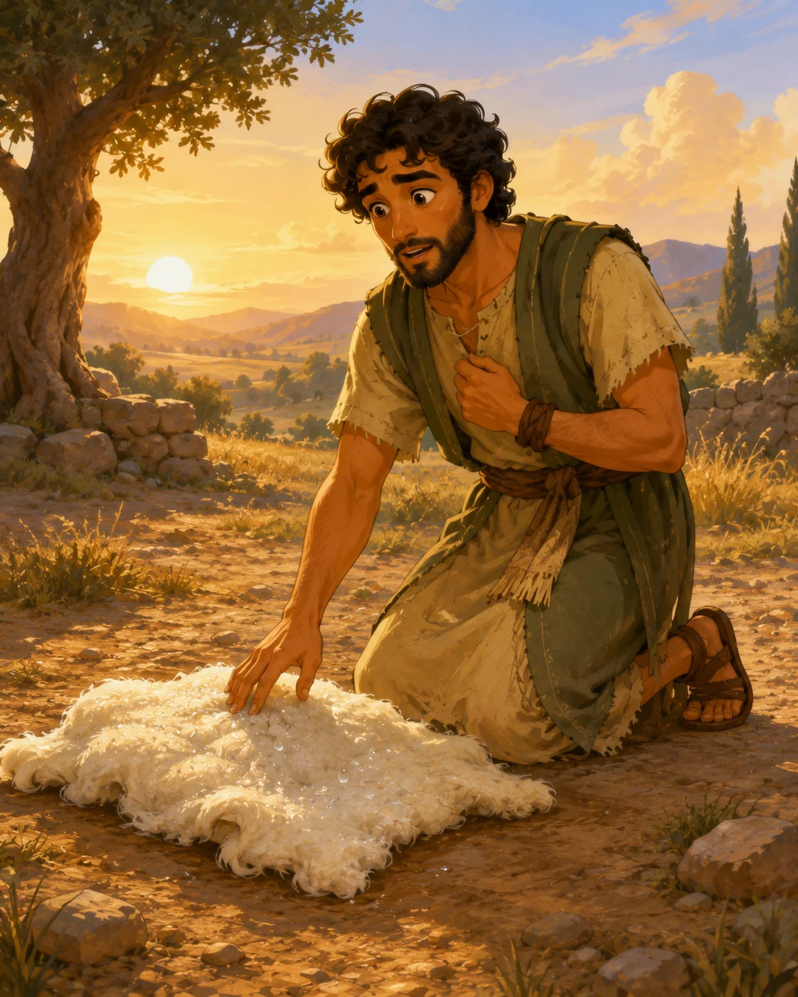 Gideon kneeling by a fleece on the ground as the sun rises.