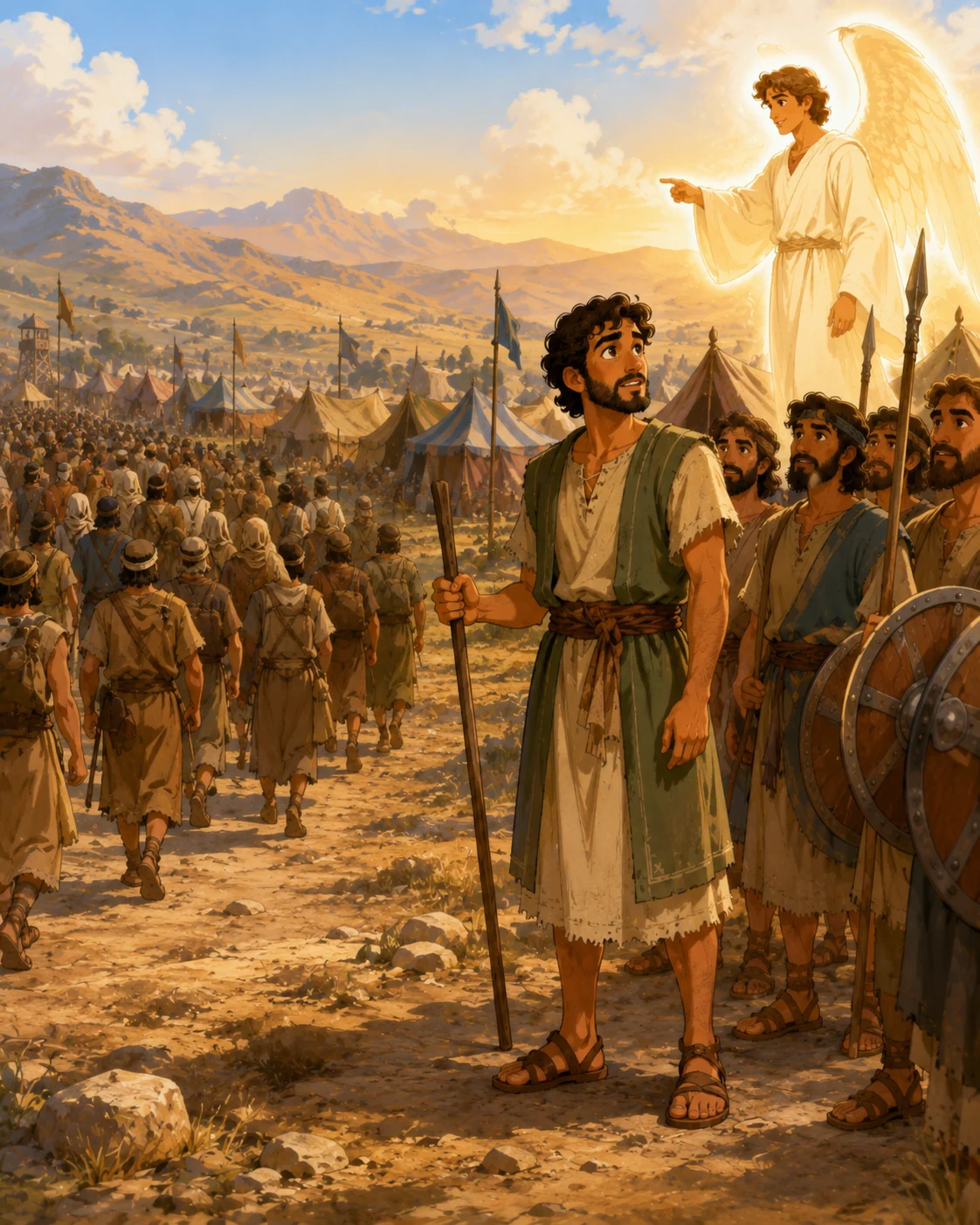 Gideon standing with soldiers as God prepares him to lead Israel.