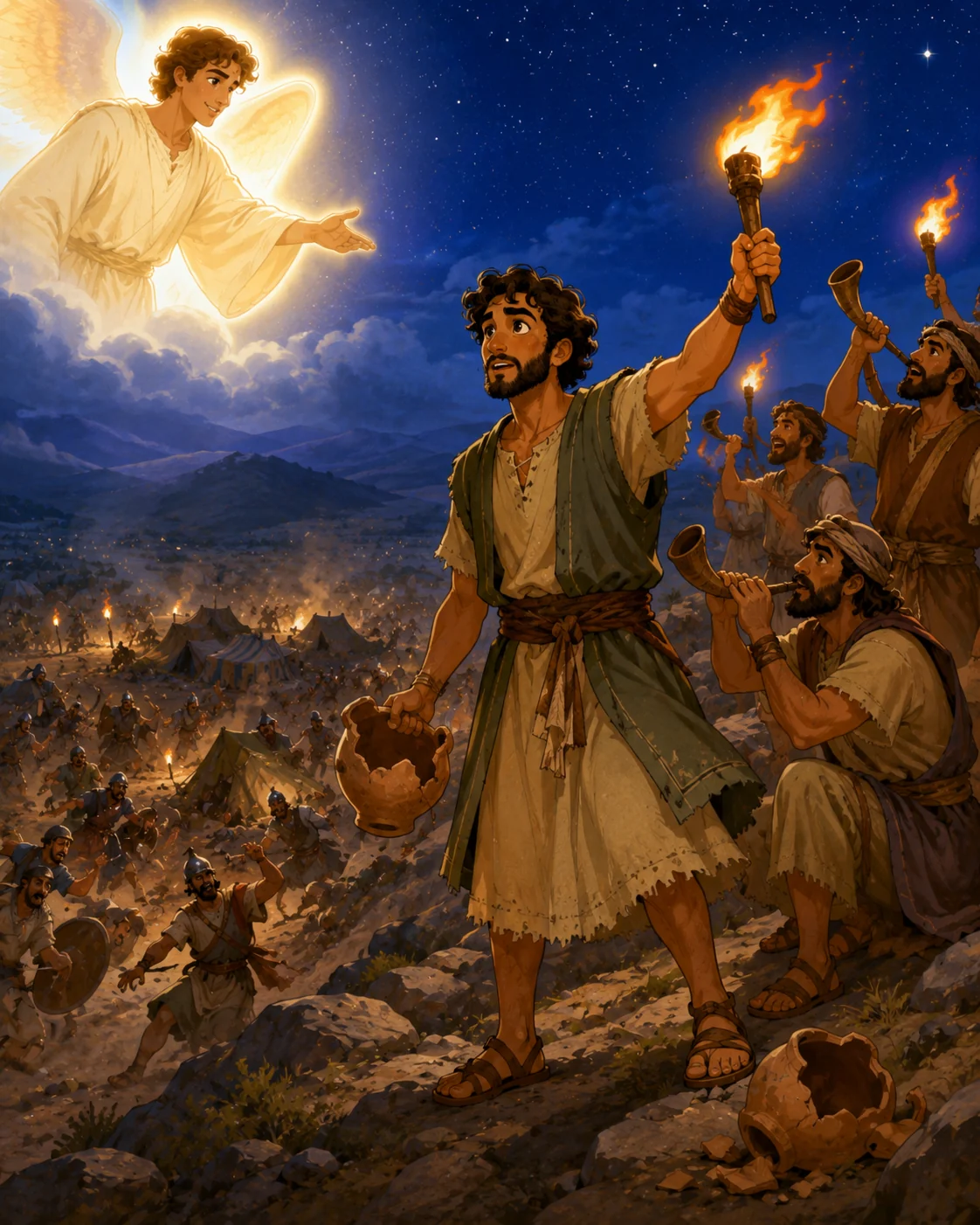 Gideon and his men holding torches and jars at night while God gives them victory.