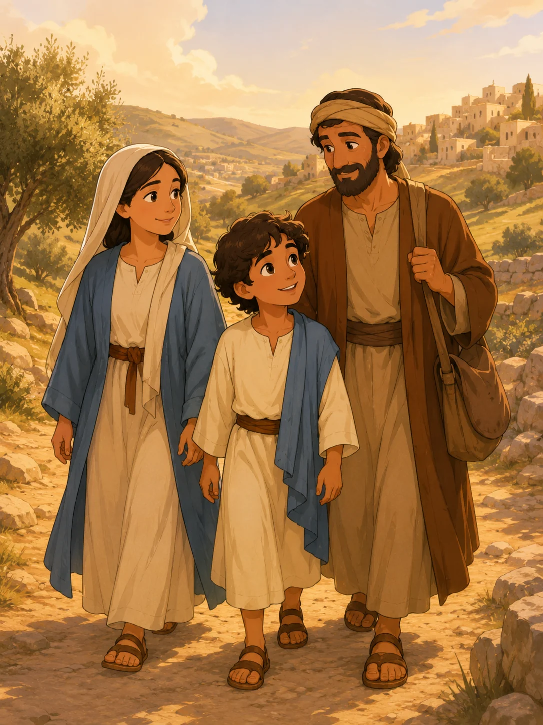 Jesus walking home with Mary and Joseph through peaceful hills.