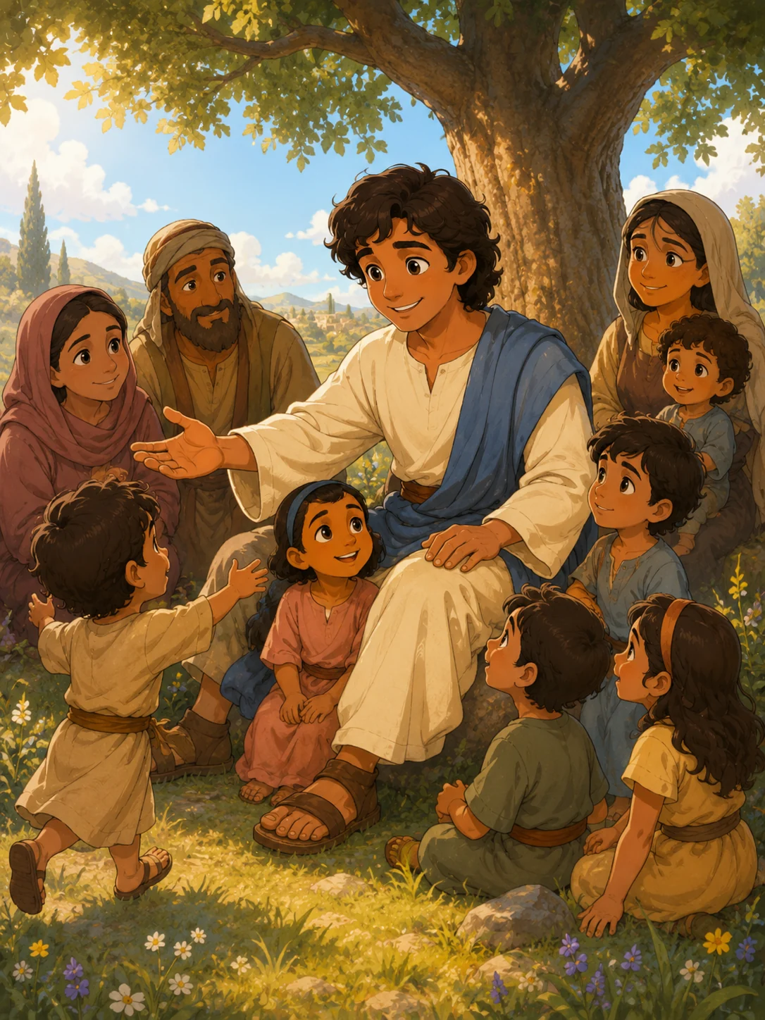 Jesus welcoming children under a tree with kindness and joy.