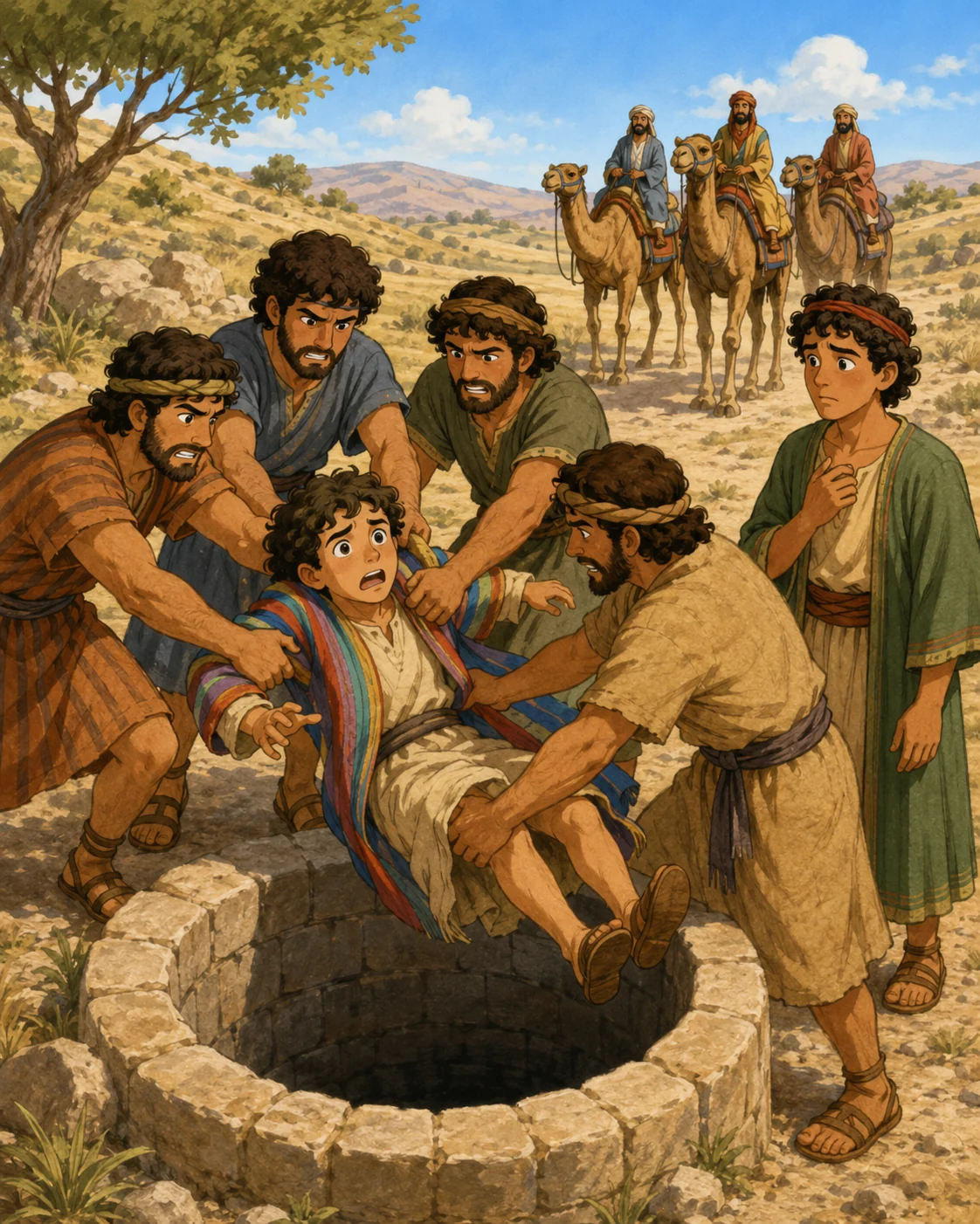 Young Joseph explaining his dreams while his brothers listen with different expressions.