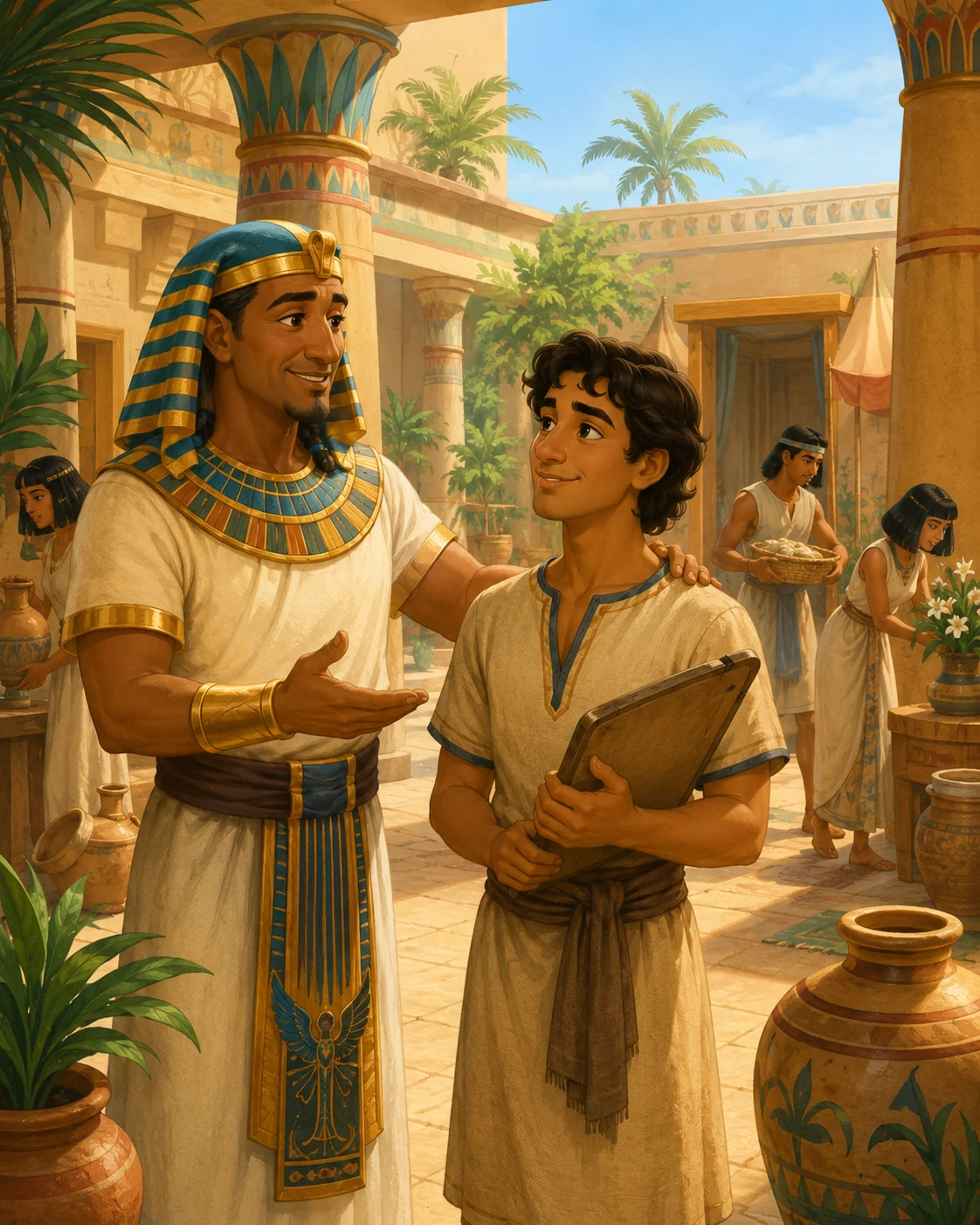 Joseph’s brothers putting him into a cistern while traders are seen in the distance.