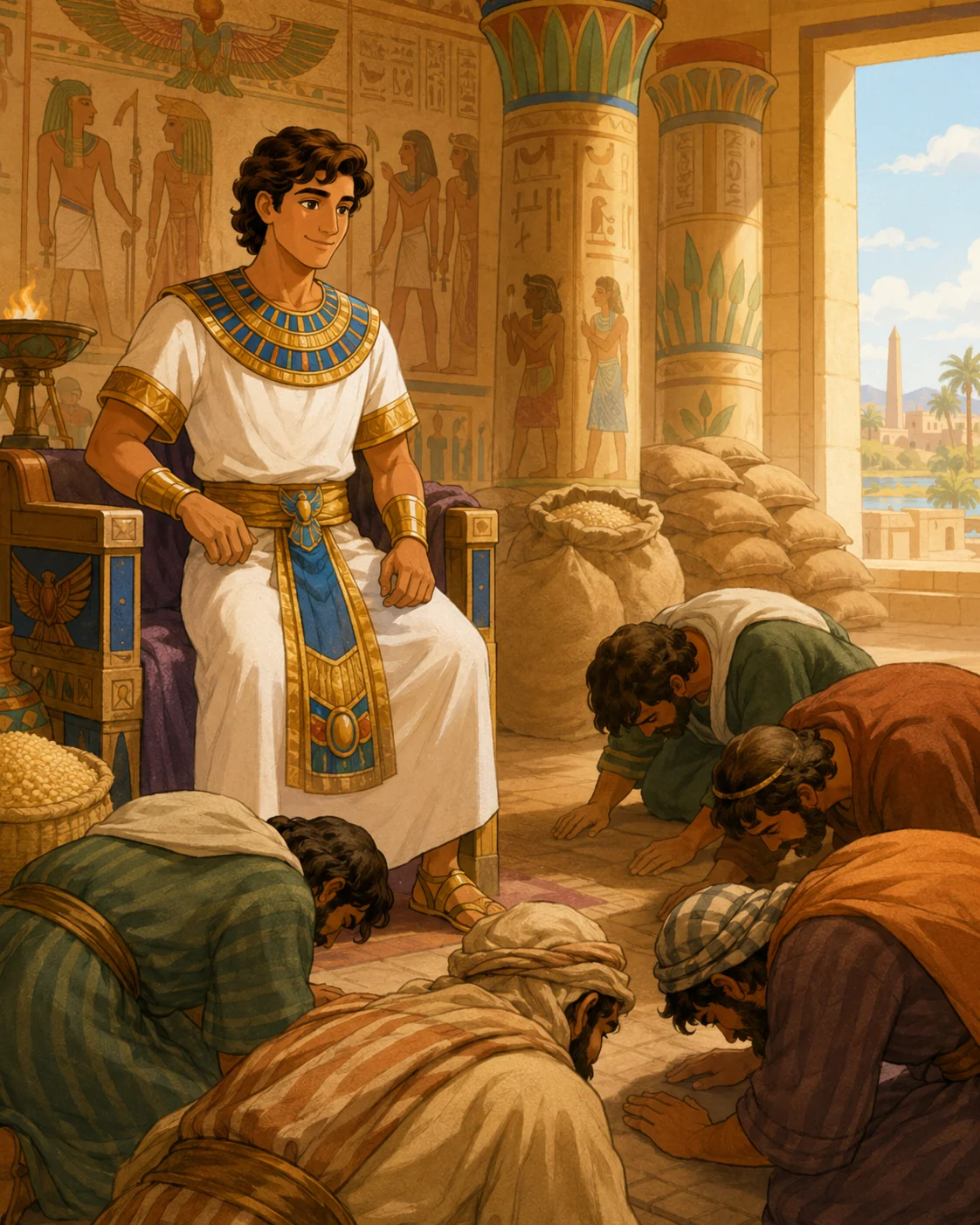 Joseph sitting in authority while his brothers bow before him in Egypt.