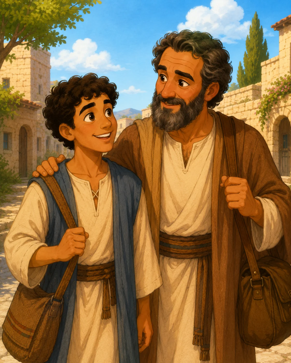 Paul walking with Timothy and encouraging him.