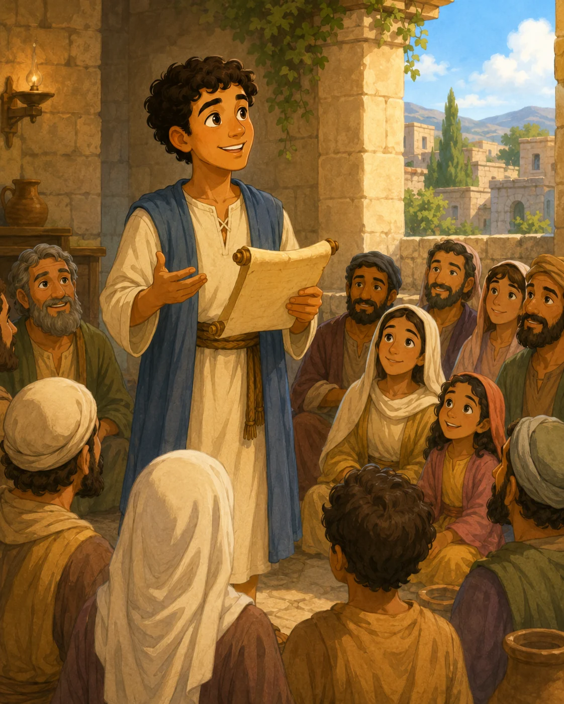 Young Timothy holding a scroll and teaching a group of people.